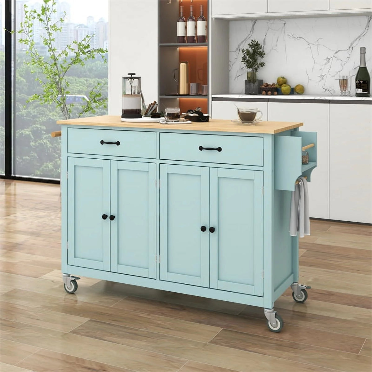 Kitchen Storage Islands&Carts with Solid Wood Top and Locking Wheels, Kitchen Island Cart with 4 Door Cabinet and Two Drawers, Kitchen Cabinets for Kitchen and Dining Room, Green