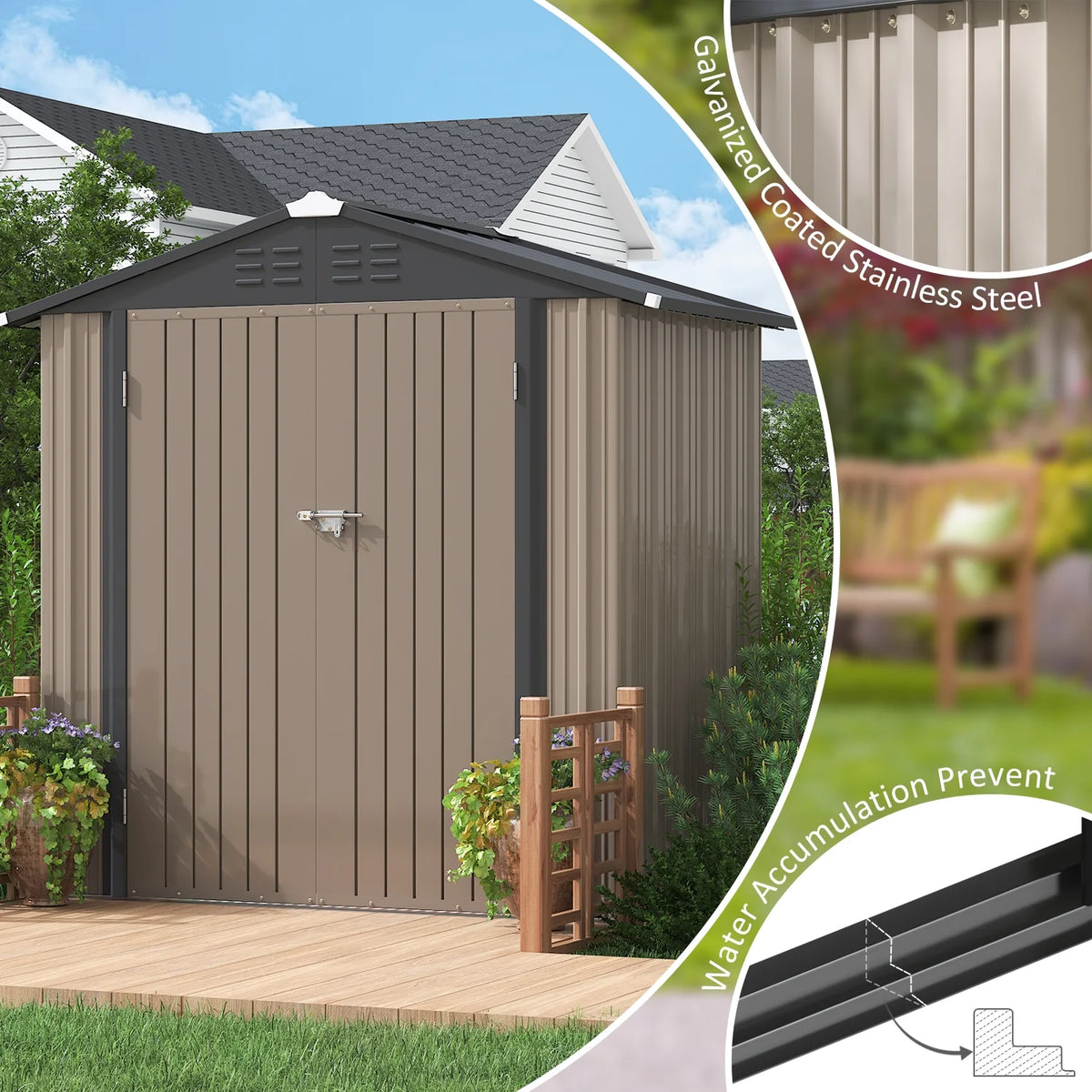LACOO 4' x 6' Outdoor Storage Metal Shed for Tool Storage, Outdoor House for Backyard & Garden,Brown