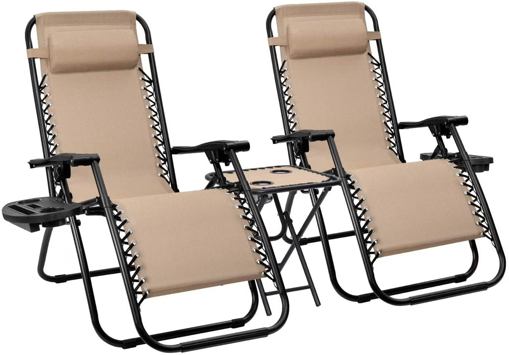 Vineego 3 Pieces Zero Gravity Chair Patio Foldable Chaise Lounge Chairs 2 Beach Chairs and Table with Cup Holders,Beige