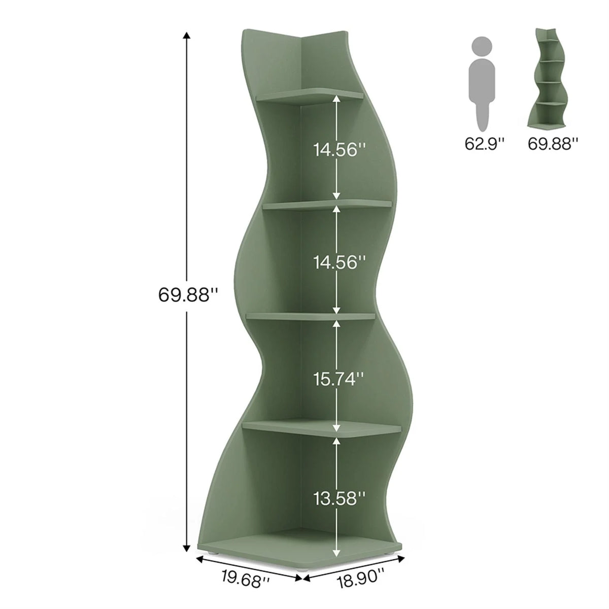 Finihen 5-Tier Corner Bookcase, Wood Bookshelf Storage Organizer, 70" Tall Display Standing Shelf Unit for Bedroom, Living Room, Green
