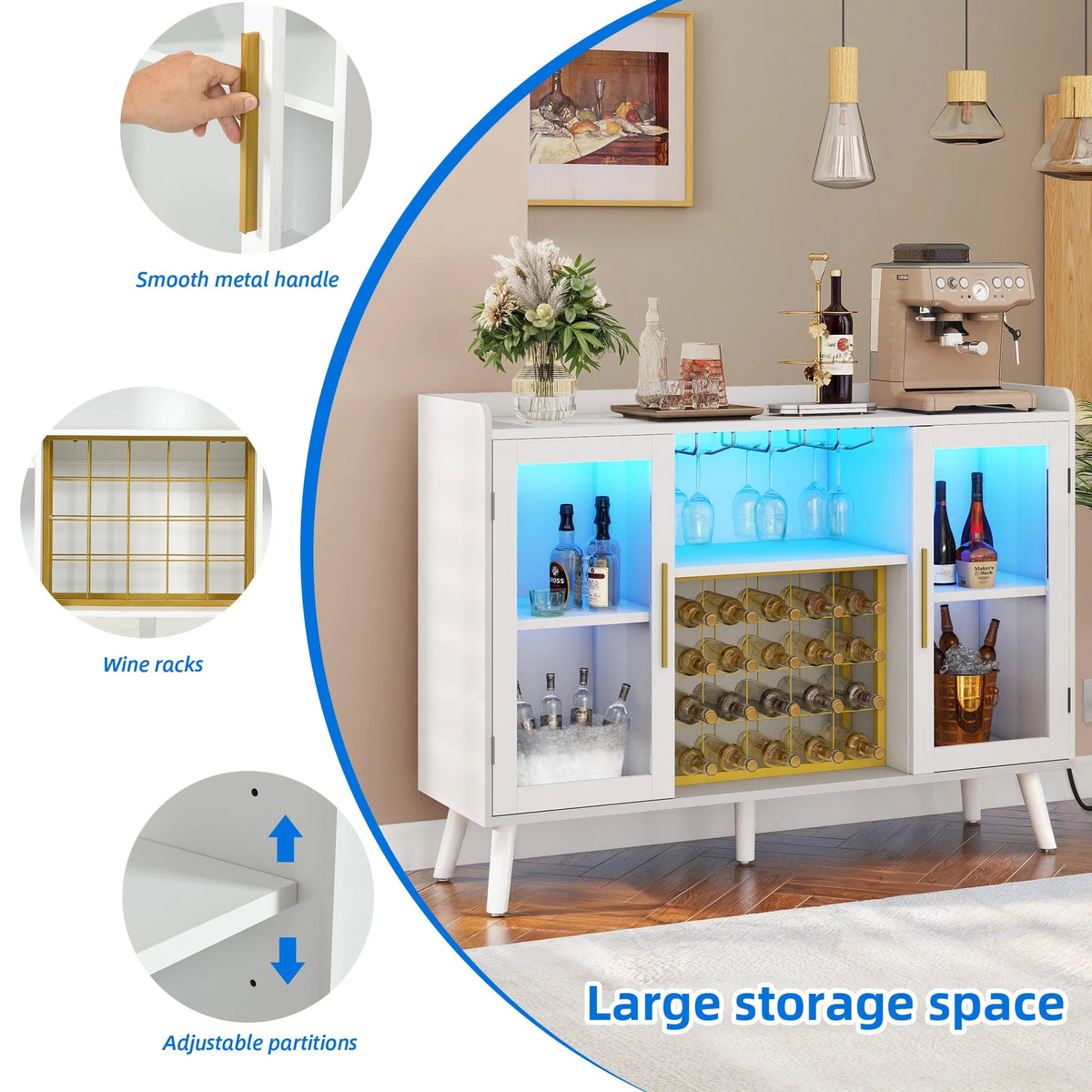 DEXTRUS Wine Bar Cabinet with Power Outlet & LED Light, Cabinet with Wine Rack & Glass Holder, White