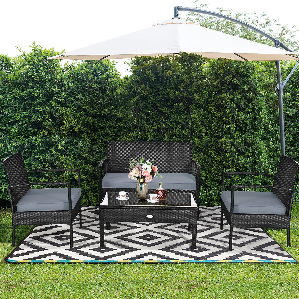 Costway 4PCS Patio Rattan Wicker Furniture Set Loveseat Sofa Cushioned Garden Yard Brown