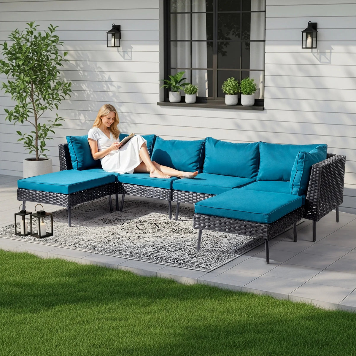 Ktaxon 7-Piece Wicker Patio Furniture Set, Patio Furniture Set with Water Resistant Thick Cushions and Coffee Table, Beige