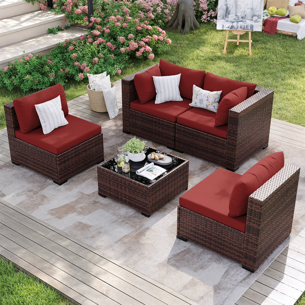 MRUAKA 8 Pieces Patio Furniture Set with Fire Pit Table, Outdoor Furniture Sectional Rattan Sofa with Slanted Back, Patio Couch with Glass Coffee Table for Backyard Garden (Dark Grey)
