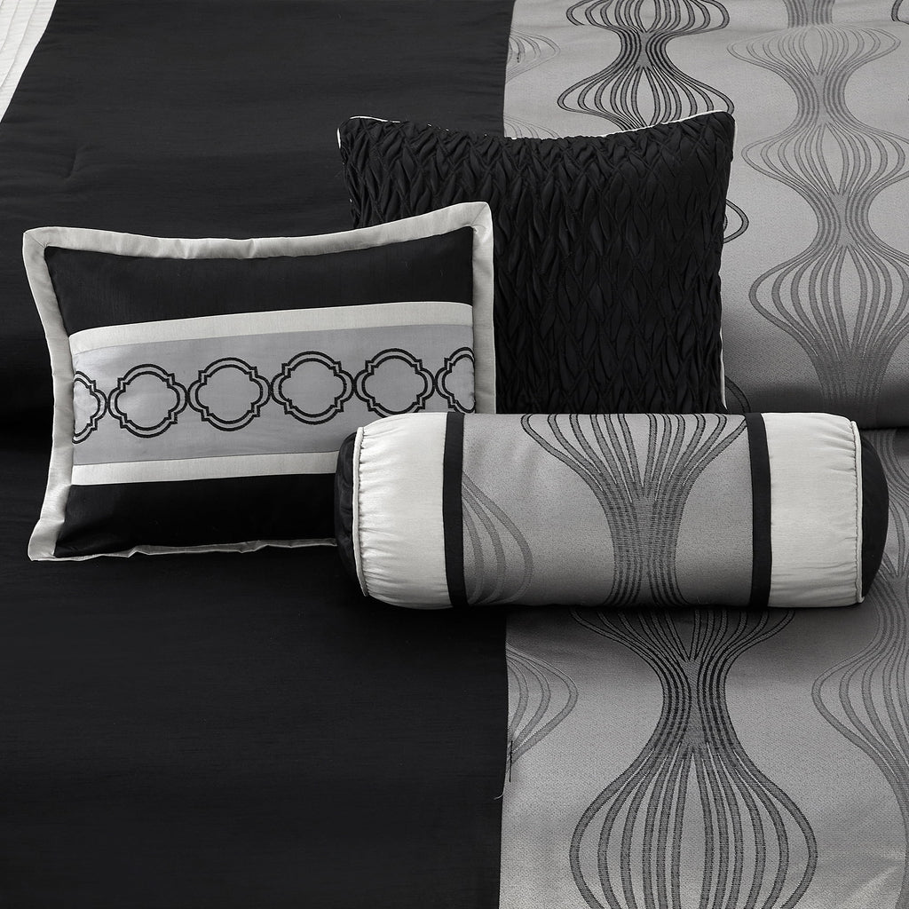 Lanco Black Silver Comforter Set , California King Size , 7 Pieces Fashion Jacquard Bedding Set