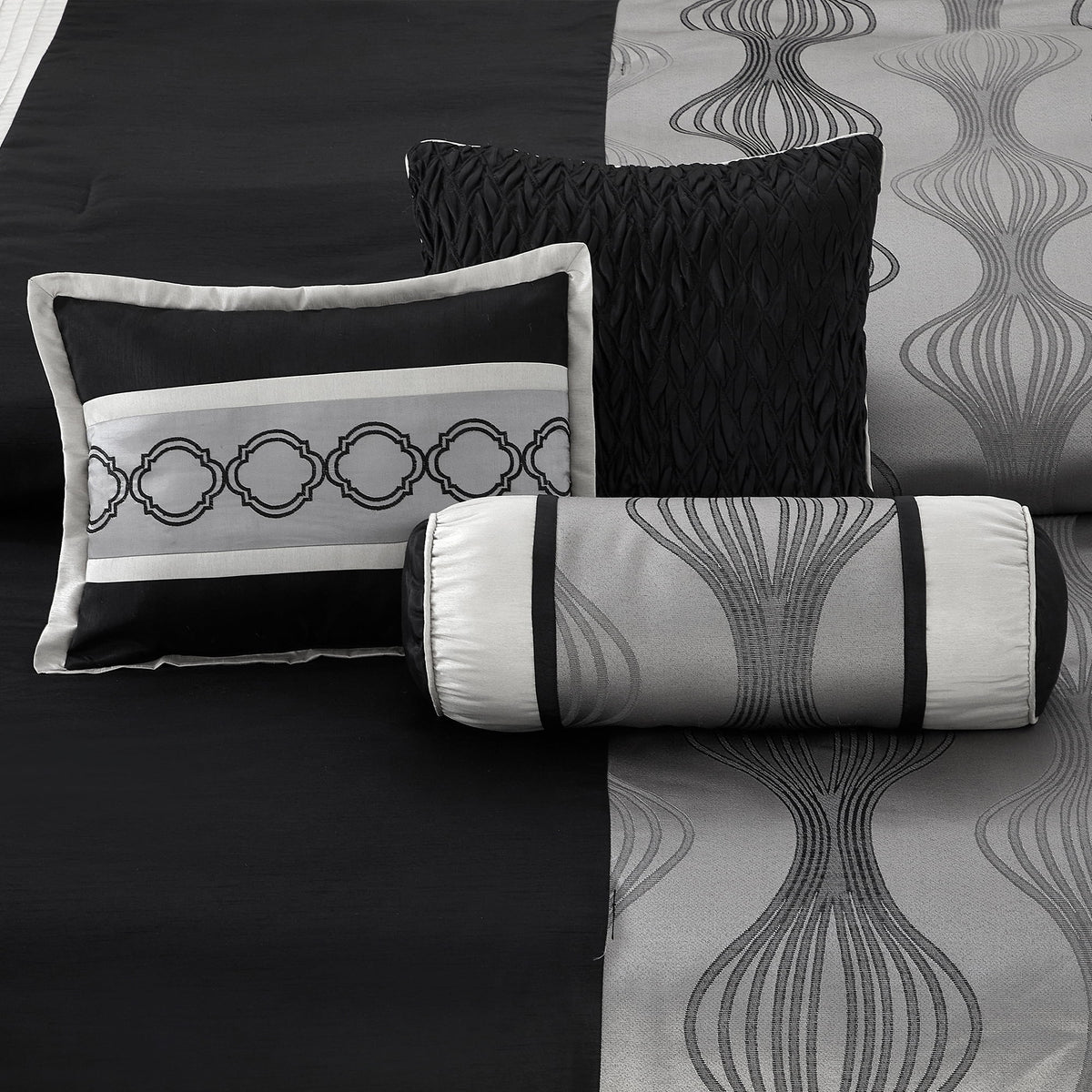 Lanco Black Silver Comforter Set , California King Size , 7 Pieces Fashion Jacquard Bedding Set