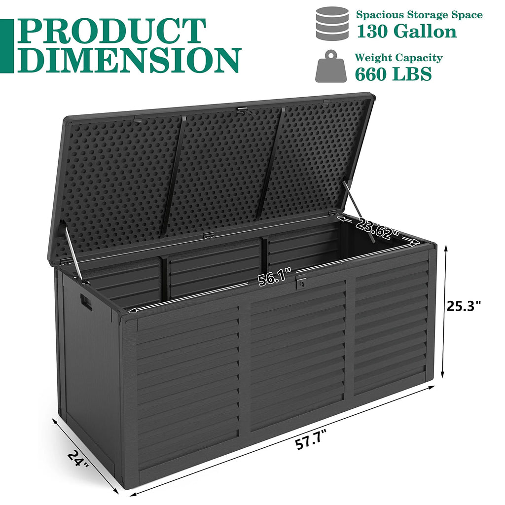 130 Gallon Resin Deck Box, Outdoor Lockable Storage Container for Patio Cushions, Garden Tools, Pool Supplies, Toys, Waterproof and UV Resistant, Reinforced Rib Design, Gray