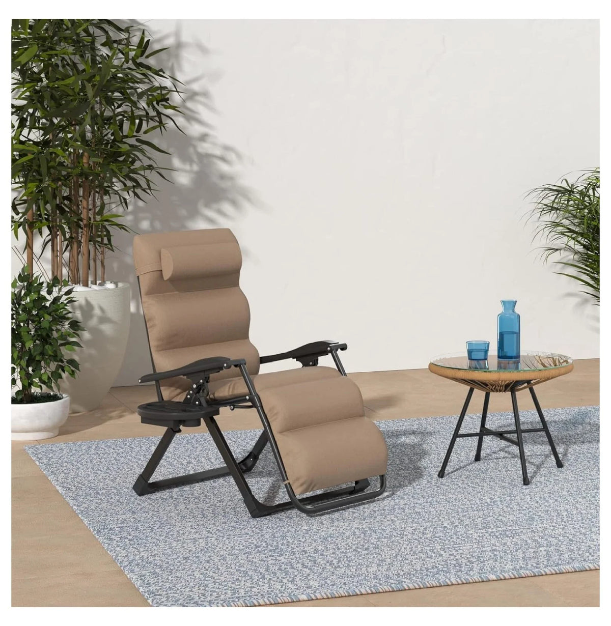 Oversized Chair, Folding Outdoor Patio Recliner, XL Anti Gravity Lounger w/Removable Cushion, Cup Holder, Side Tray, 350lb Capacity - Taupe