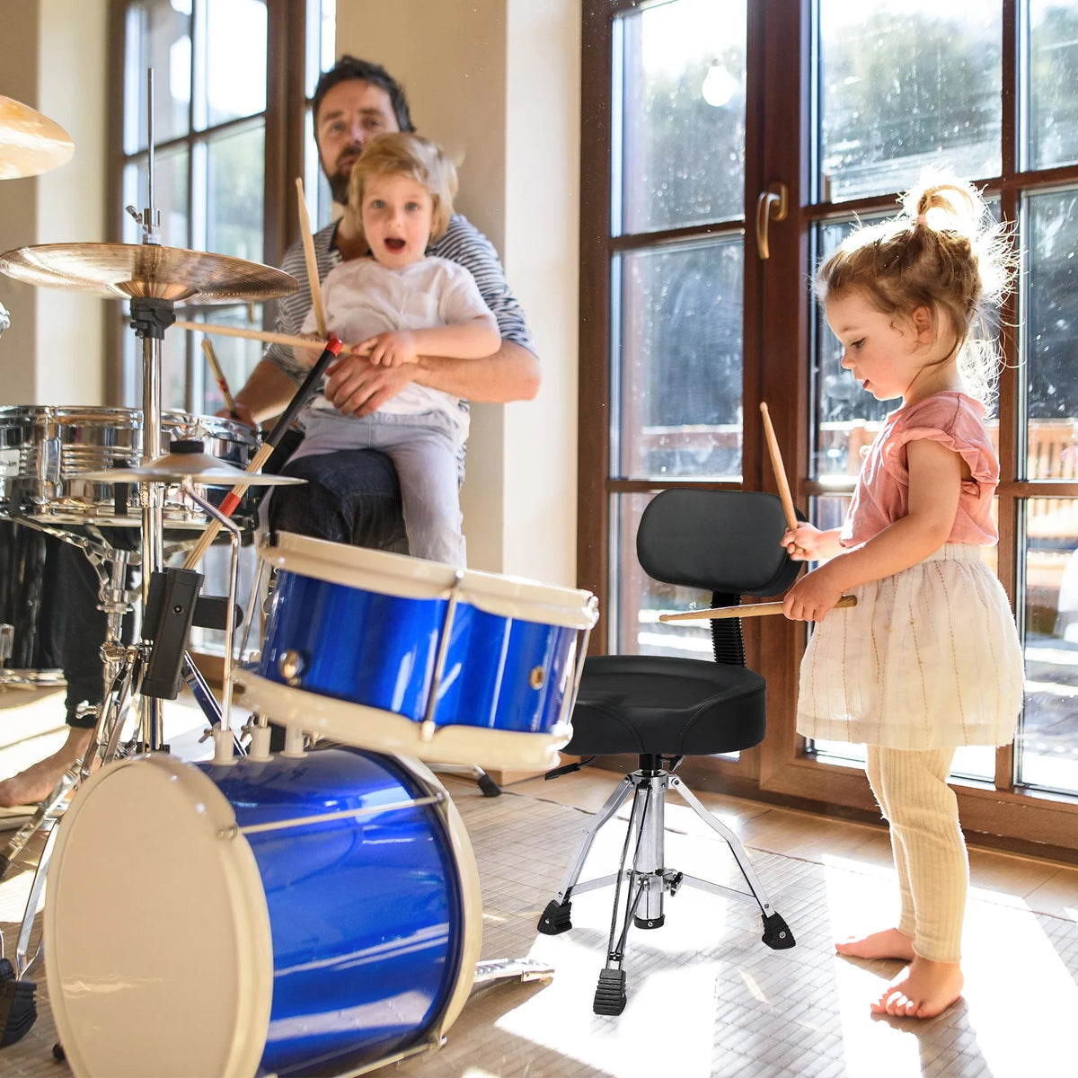 Ktaxon Adjustable Drum Throne with Backrest, 360 Rotating Hydraulic Seat, Thick Cushion for Home, Classroom, and Concert Use, Black