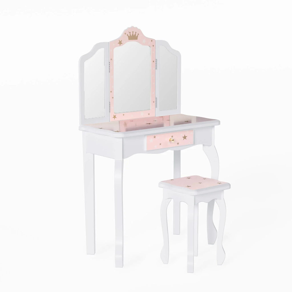 JOYMOR Kids Vanity Table and Stool for Makeup Dressing with Mirrors Drawers, White