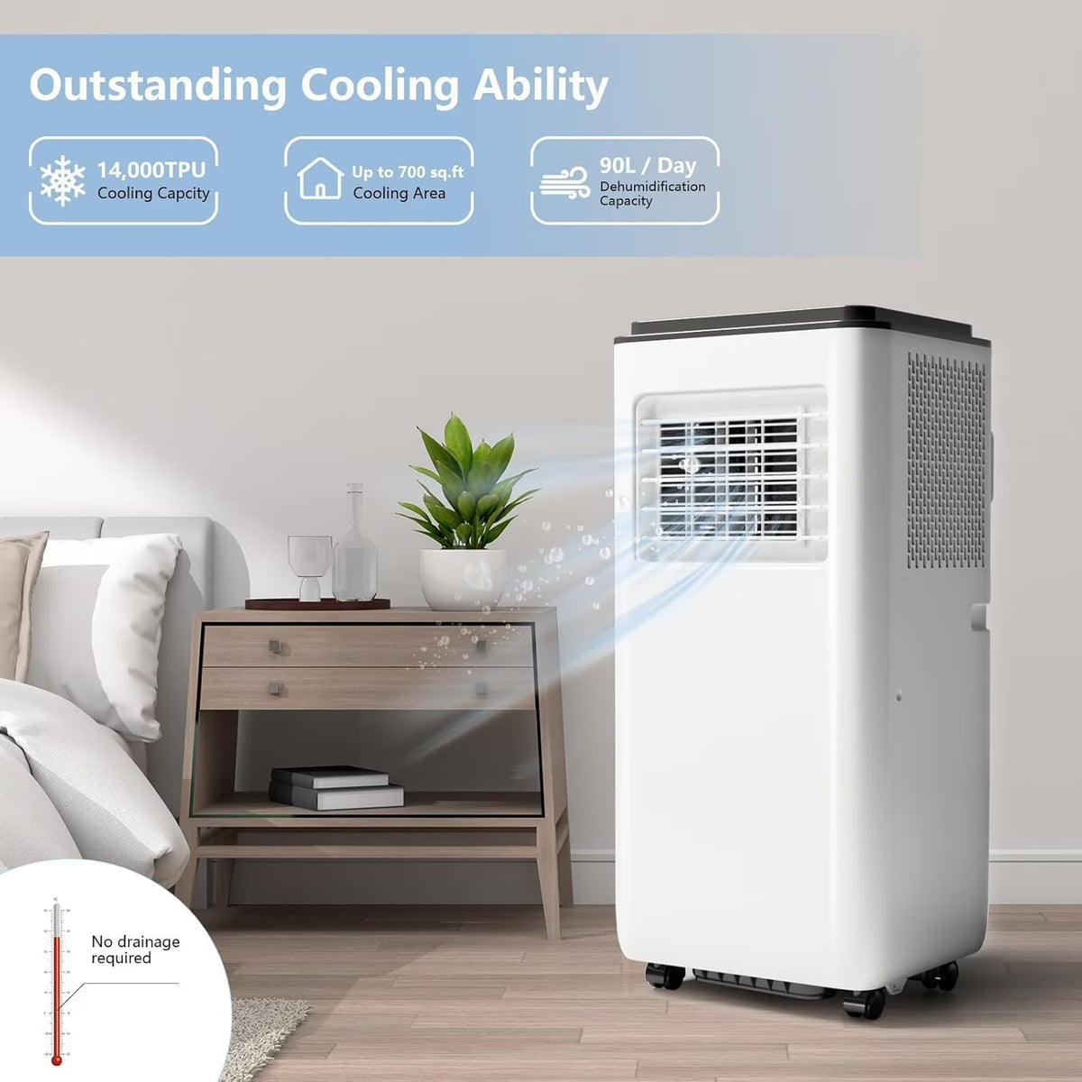 4-In-1 Portable AC with Advanced Filtration - 8000 BTU, Dehumidify, Sleep, Fan Modes, Quiet 54dB, Smart Control, Easy Mobility, Black