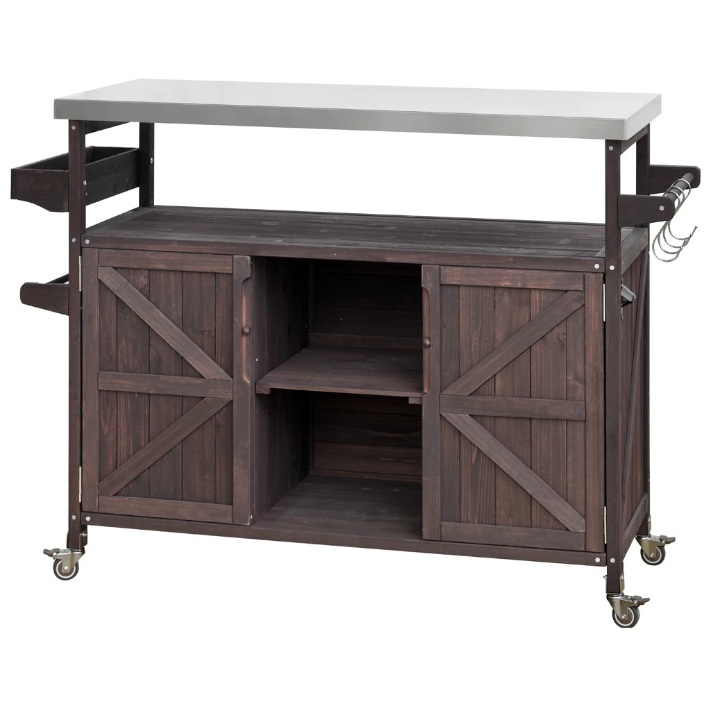 Outdoor Kitchen Island, Rolling Bar Cart & Storage Cabinet, Farmhouse Solid Wood Outdoor Grill Table with Stainless Steel Top, Spice Rack , Towel Rack for Kitchen & BBQ , Natural