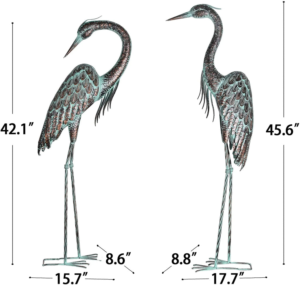 Garden Crane Statues, Standing Metal Patina Heron Decoy Outdoor Statue, 42-46 Inch Bird Yard Art for Patio Lawn Pond, Set of 2