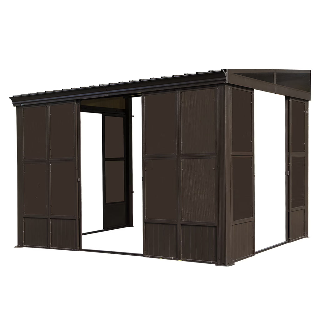 TOTAL Outdoor 10'x12' All-Season Sunroom Gazebo with Steel Roof, PVC Screen, Front & Side Door, Brown