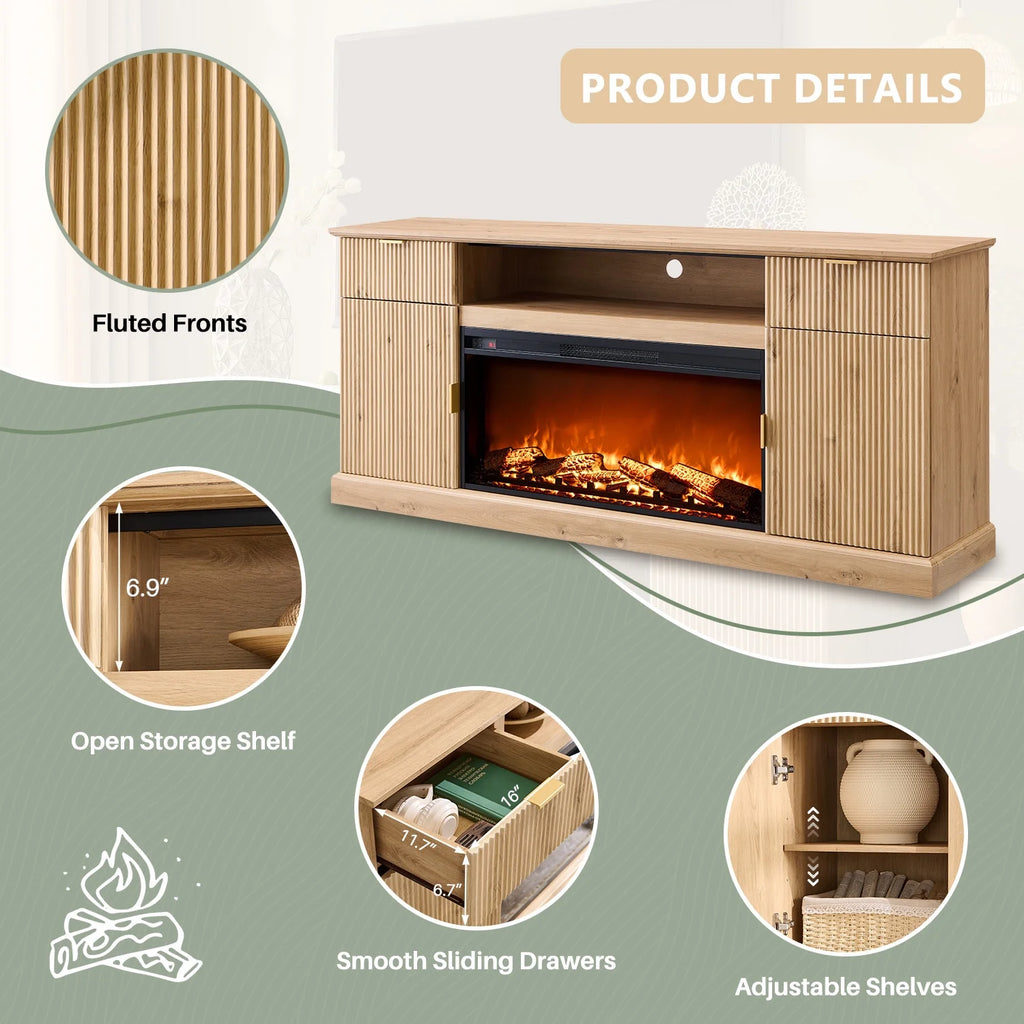 SinCiDo Fluted Fireplace TV Stand for 80 inch, Entertainment Center with 36" Electric Fireplace, 2 Drawers and Adjustable Shelves, Wood TV Stand for Living Room