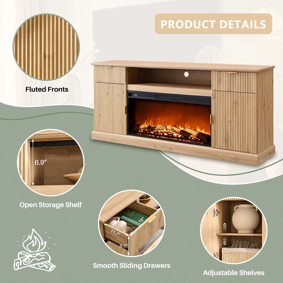 SinCiDo Fluted Fireplace TV Stand for 80 inch, Entertainment Center with 36" Electric Fireplace, 2 Drawers and Adjustable Shelves, Wood TV Stand for Living Room