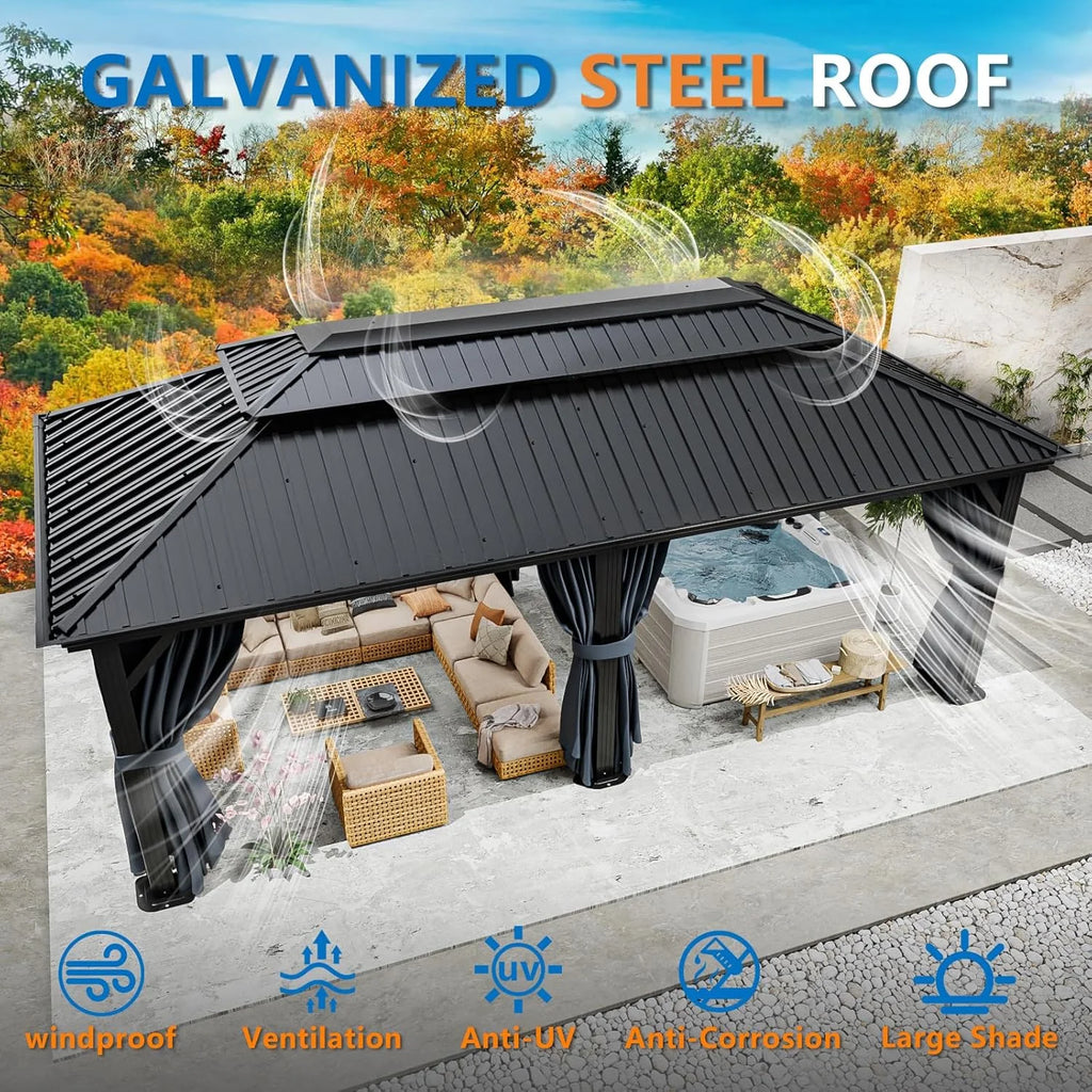 COBIZI 10x12 Hardtop Gazebo Aluminum Gazebos with Galvanized Steel Double Roof Metal Gazebo with Curtains and Netting Permanent Steel Gazebo for Backyard, Garden and Patio, Brown