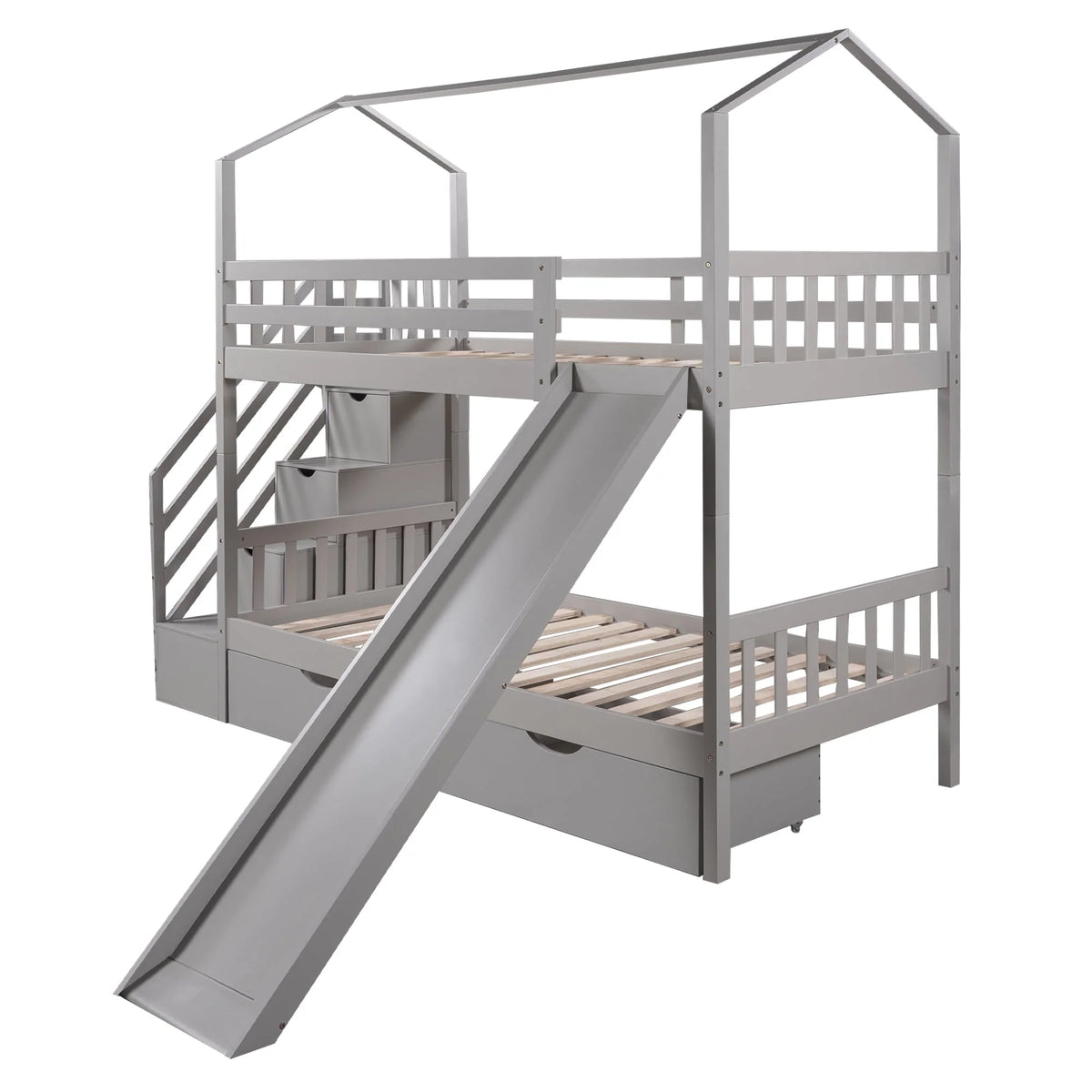 Bellemave Twin Over Twin House Bunk Bed with Slide and Stairs,Wooden Bunk Bed with Storage Drawers,Playhouse Bed for Kids,Teens(Gray)