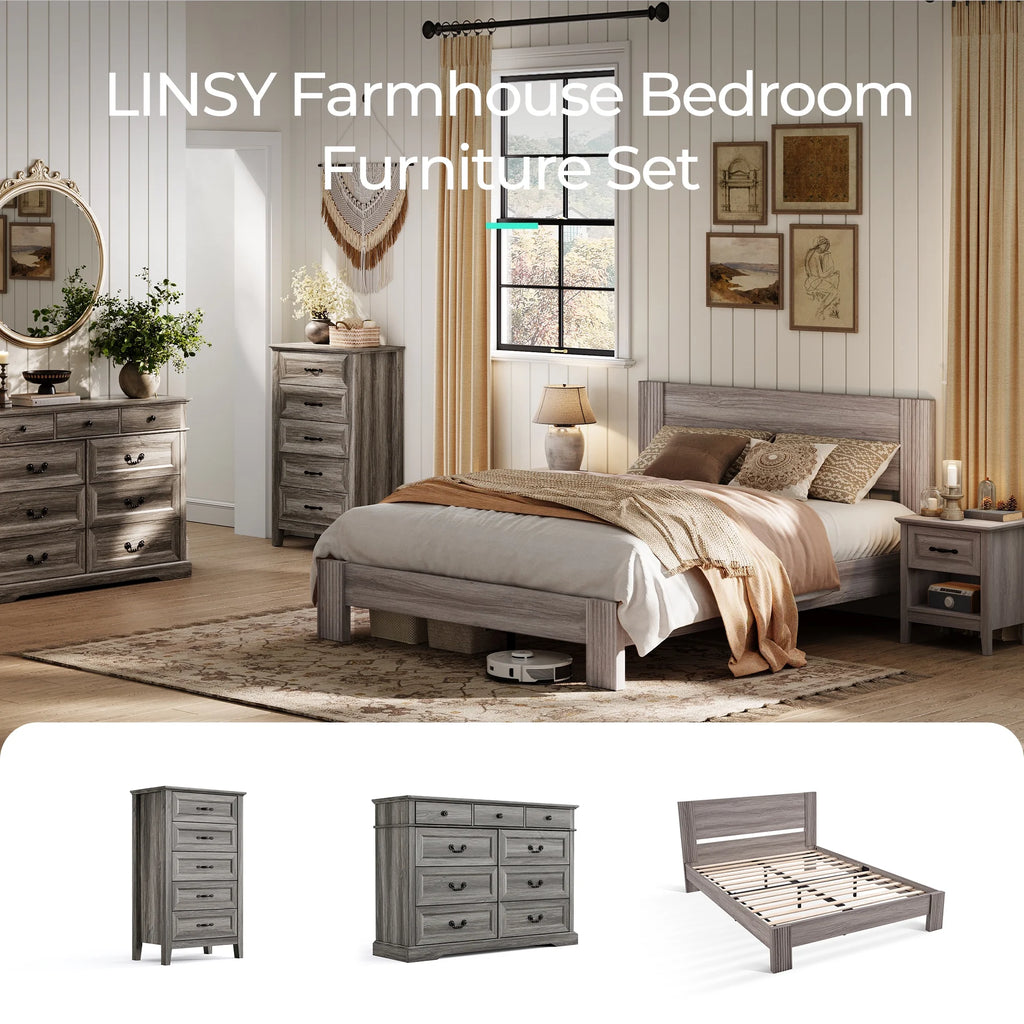 Linsy Home Nightstand for Bedroom set of 2 with Charging Station, Farmhouse End Tables for Living Room set of 2 with Drawer, Beige