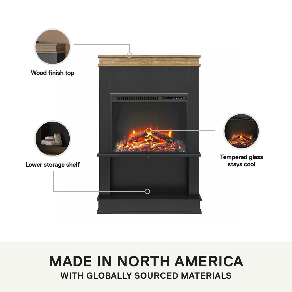 Mateo Electric Fireplace with Mantel and Open Shelf, Black with Natural