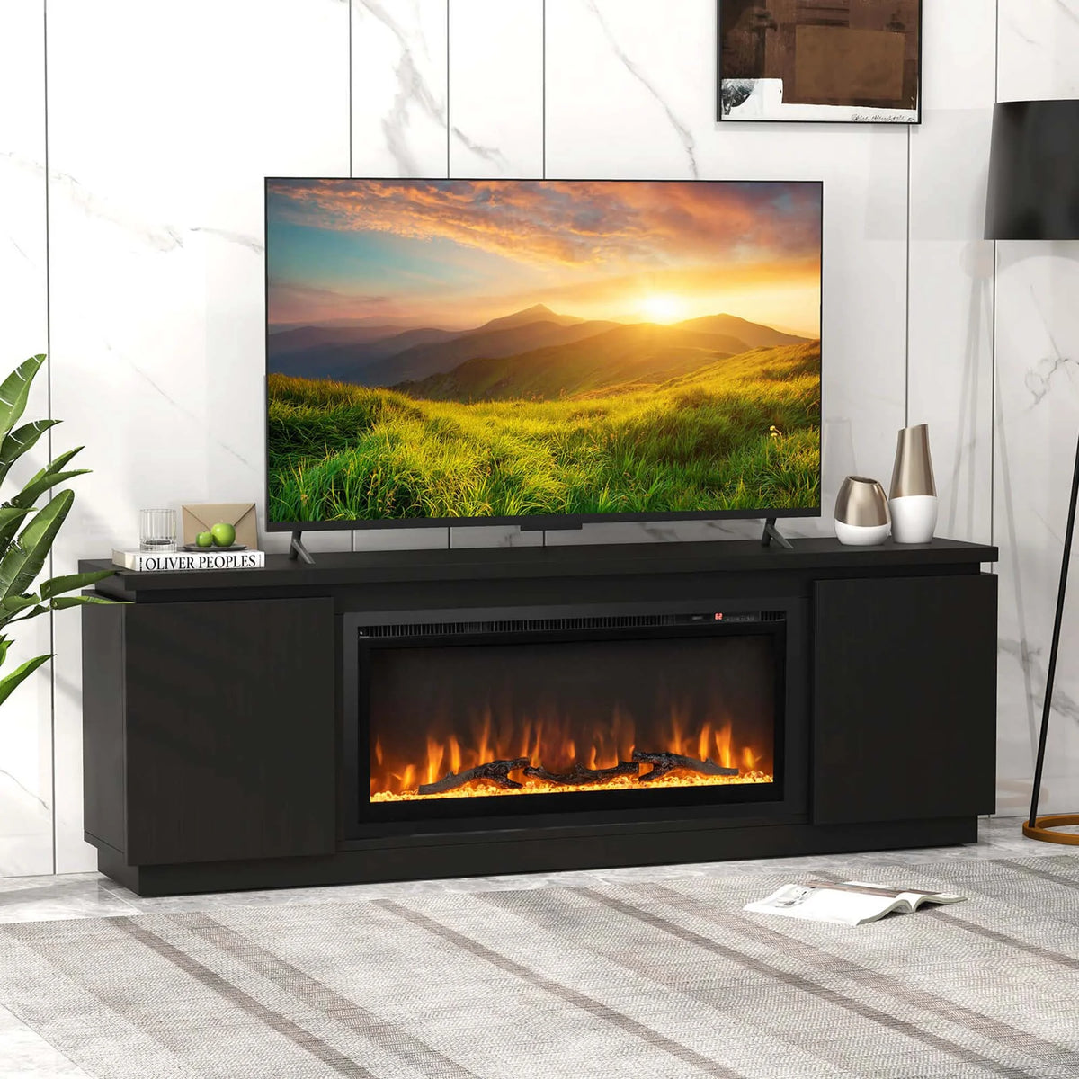Costway Fireplace TV Stand for TVs up to 80" with Electric Fireplace 3 Adjustable Shelves Black