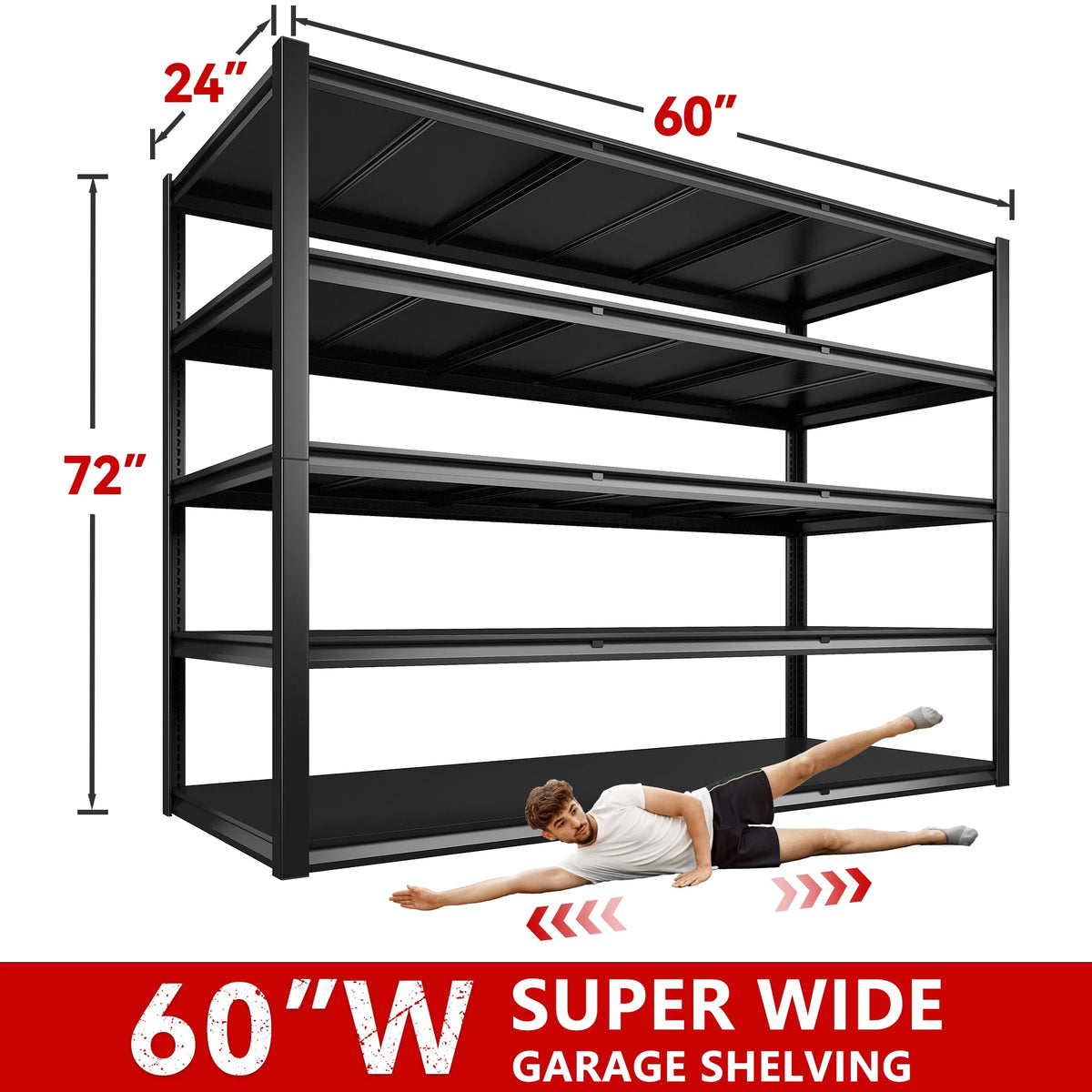 REIBII 60" W Garage Shelving 3000LBS Heavy Duty Storage Shelves Adjustable 5 Tier Metal Storage Rack,60" W x 24" D x 72" H