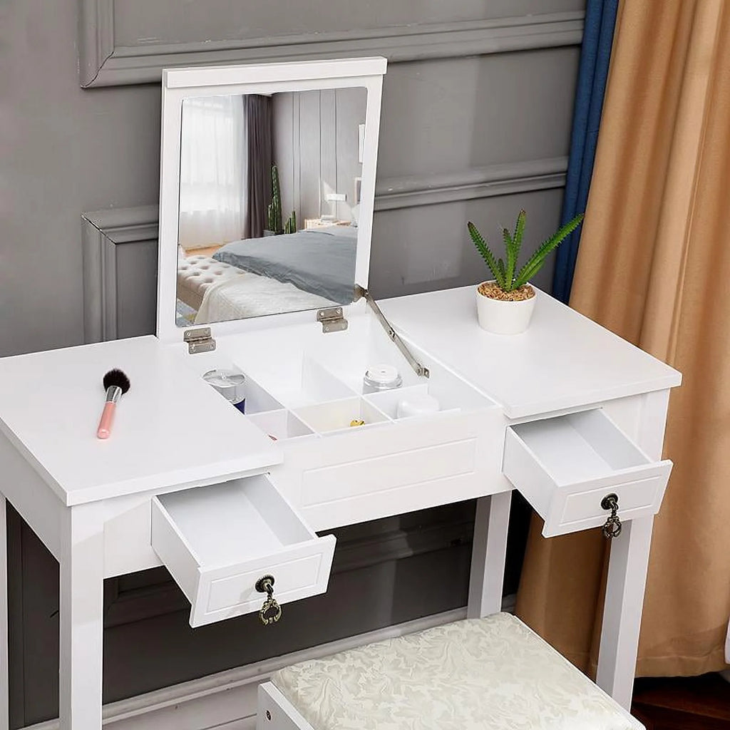 Ktaxon Vanity Set,Flip-top Mirror Dressing Table Makeup Vanity Table Writing Desk with 2 Drawers and Stool, White