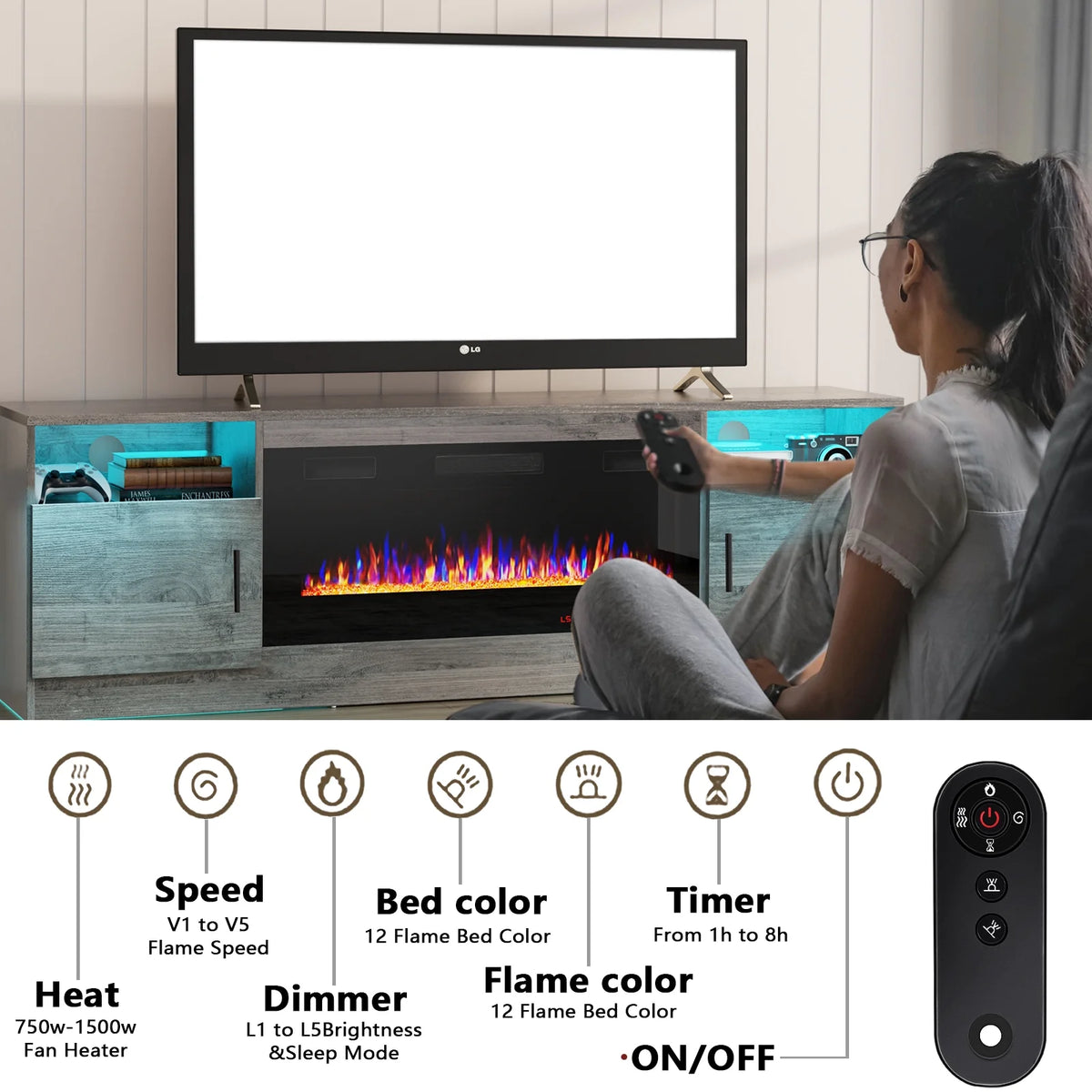 Waleaf Fireplace tv Stand with 36 inch Fireplace Up to 80" TVs,LED Light Entertainment Center and Storage
