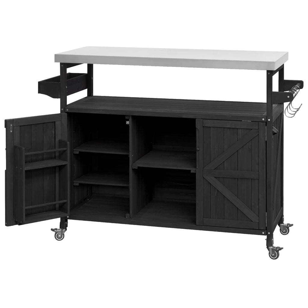 Outdoor Kitchen Island, Rolling Bar Cart & Storage Cabinet, Farmhouse Solid Wood Outdoor Grill Table with Stainless Steel Top, Spice Rack , Towel Rack for Kitchen & BBQ , Natural