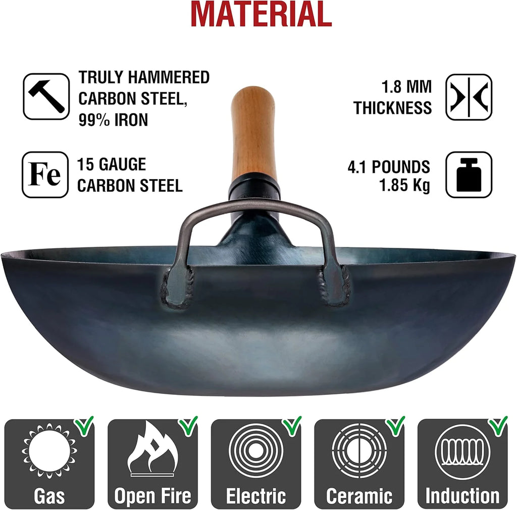 YOSUKATA 13.5" Carbon Steel Wok Pan Pre-Seasoned Flat Bottom Wok for Stir Fry, BBQ & Camping Works with Induction, Gas, Electric & Open Fire