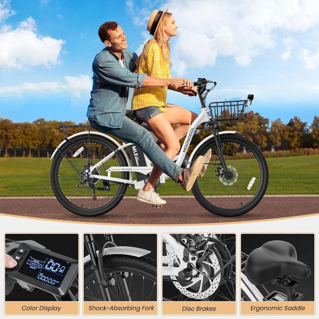 MOONCOOL Electric Bicycle for Adults 350W , 7-Speed Ebike with 36V 10.4Ah Removable Battery 40 Miles Range , 20 mph Electric Commuter Bike for Women Men, Certified to UL 2849 by SGS