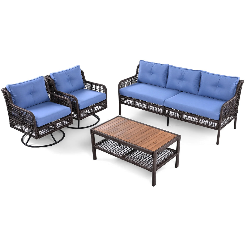8 Pieces Outdoor Wicker Round Furniture Set, All Weather Half-Moon Sectional Patio Sofa Sets with Rectangular Coffee Table, Beige