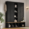 63" Farmhouse Hall Tree with Bench and Shoe Storage, 4-in-1 Entryway Bench with 4 Storage Cabinets, 5 Shoe Cabinets and 6 Hanging Hooks, Black