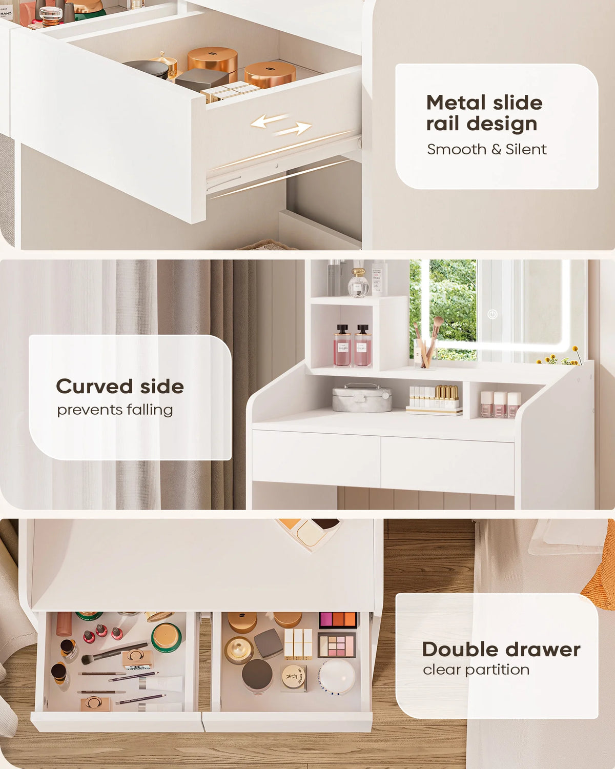 LIVELYGLOW Vanity Desk Set with Square Mirror and Light- Small Vanity Table with Drawers- White
