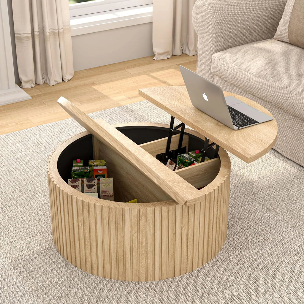 Oubayajia Round Coffee Table with Storage, Wood Lift Top Coffee Table, Waveform Panel, Natural