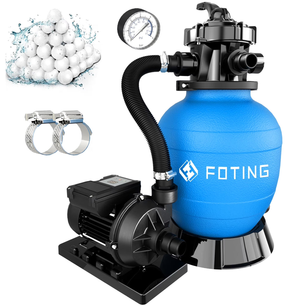 FOTING Sand Filter Pump for Above Ground Pool with Timer, 13in, Max 3800GPH for Pools Up to 13000GAL, 1HP, 6-Way Valve, Enhanced Circulation for Crystal-Clear Pool