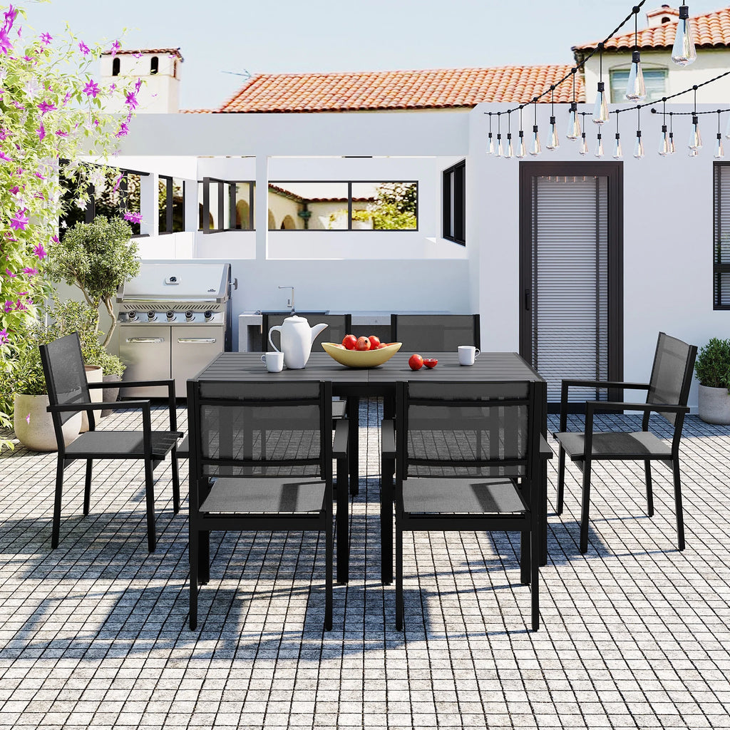 7 Piece Outdoor Dining Set, Patio Dining Table Set for 6 Persons, Garden Patio Textilene Dining Furniture Set with Plastic-Wood Tabletop, Dining Table Chairs Conversation Set for Deck Patio