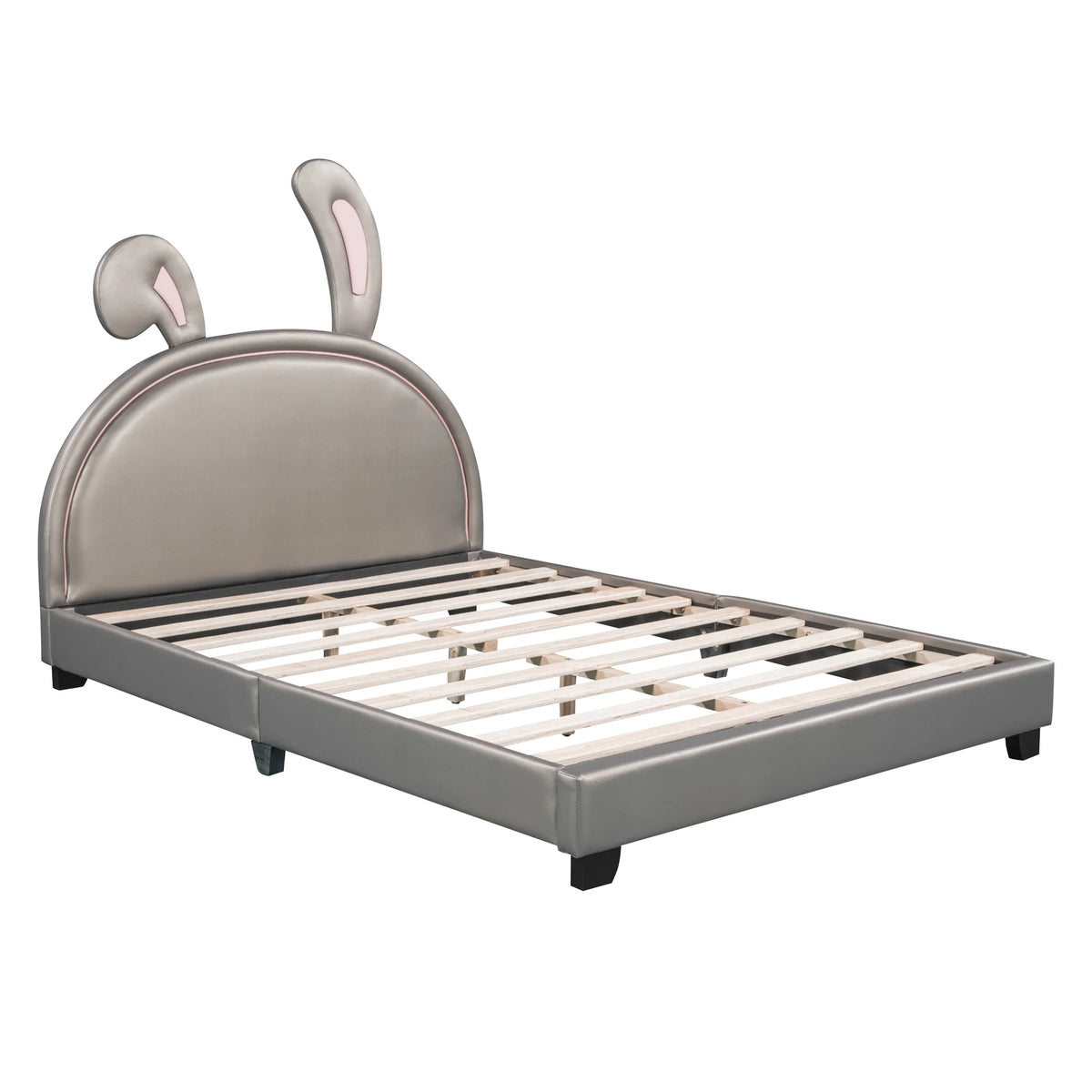 Euroco Upholstered Full Size Platform Bed, PU Cartoon Bunny Bed for Kids, Gray