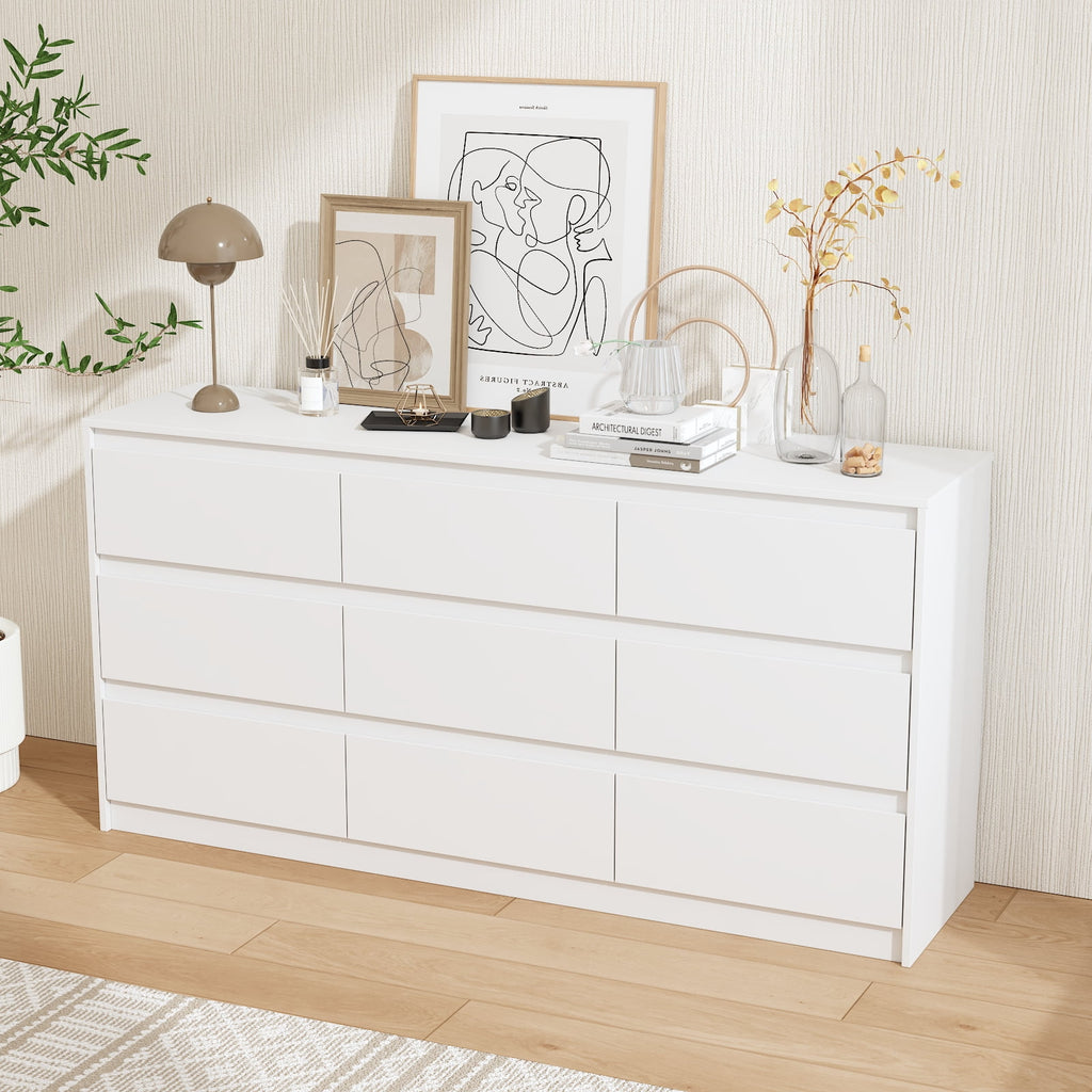KULAGAGA 9 Drawer Dresser Chest of Drawers, 63 Wide Dressers, Modern Wood Drawer Chest Storage Organizer, No Handle Design for Bedroom Living Room Hallway, White