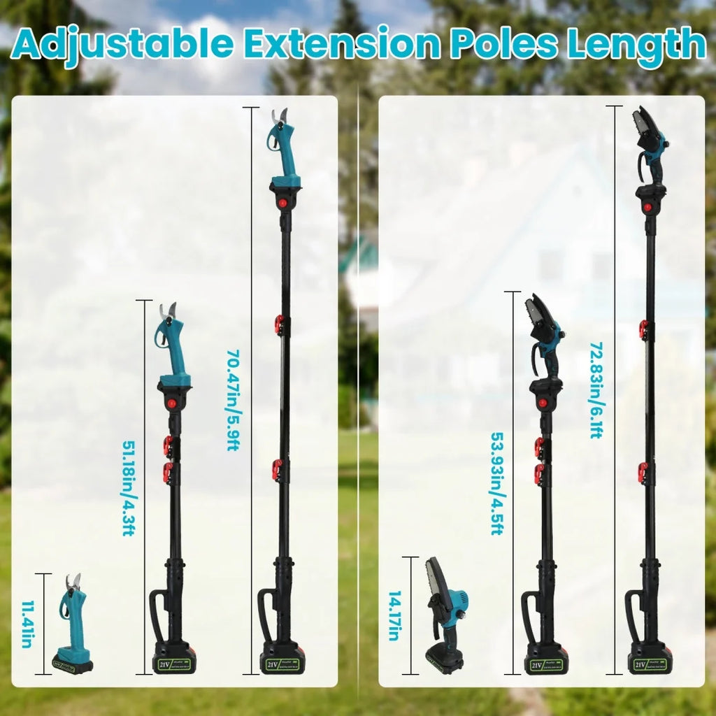 4-in-1 Pole Pruning Shears, Electric Pruning Shears & pole saws for tree trimming with 7 adjustable head angles,Cordless Pole Shears and Battery Pole Saw with 2Pcs 3000mAh rechargeable batteries