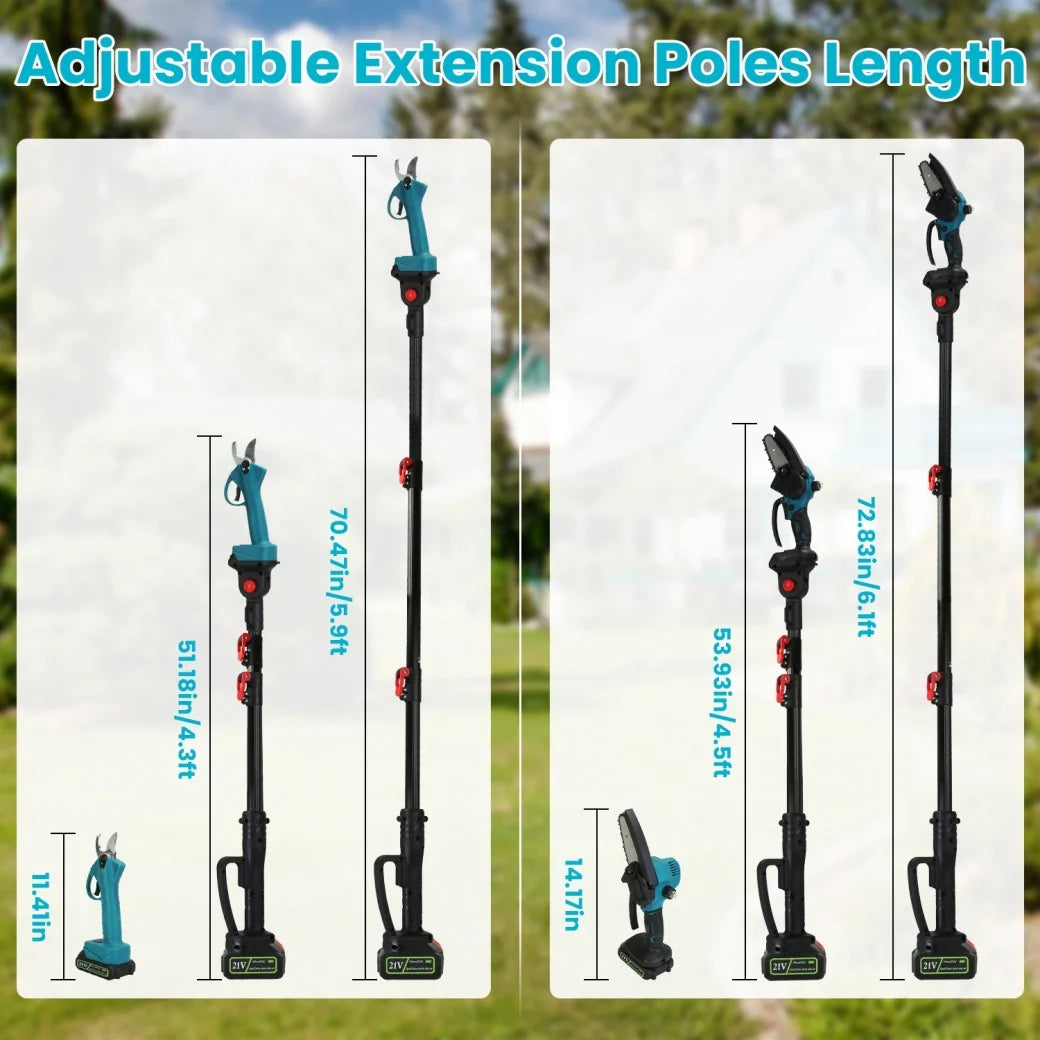 4-in-1 Pole Pruning Shears, Electric Pruning Shears & pole saws for tree trimming with 7 adjustable head angles,Cordless Pole Shears and Battery Pole Saw with 2Pcs 3000mAh rechargeable batteries