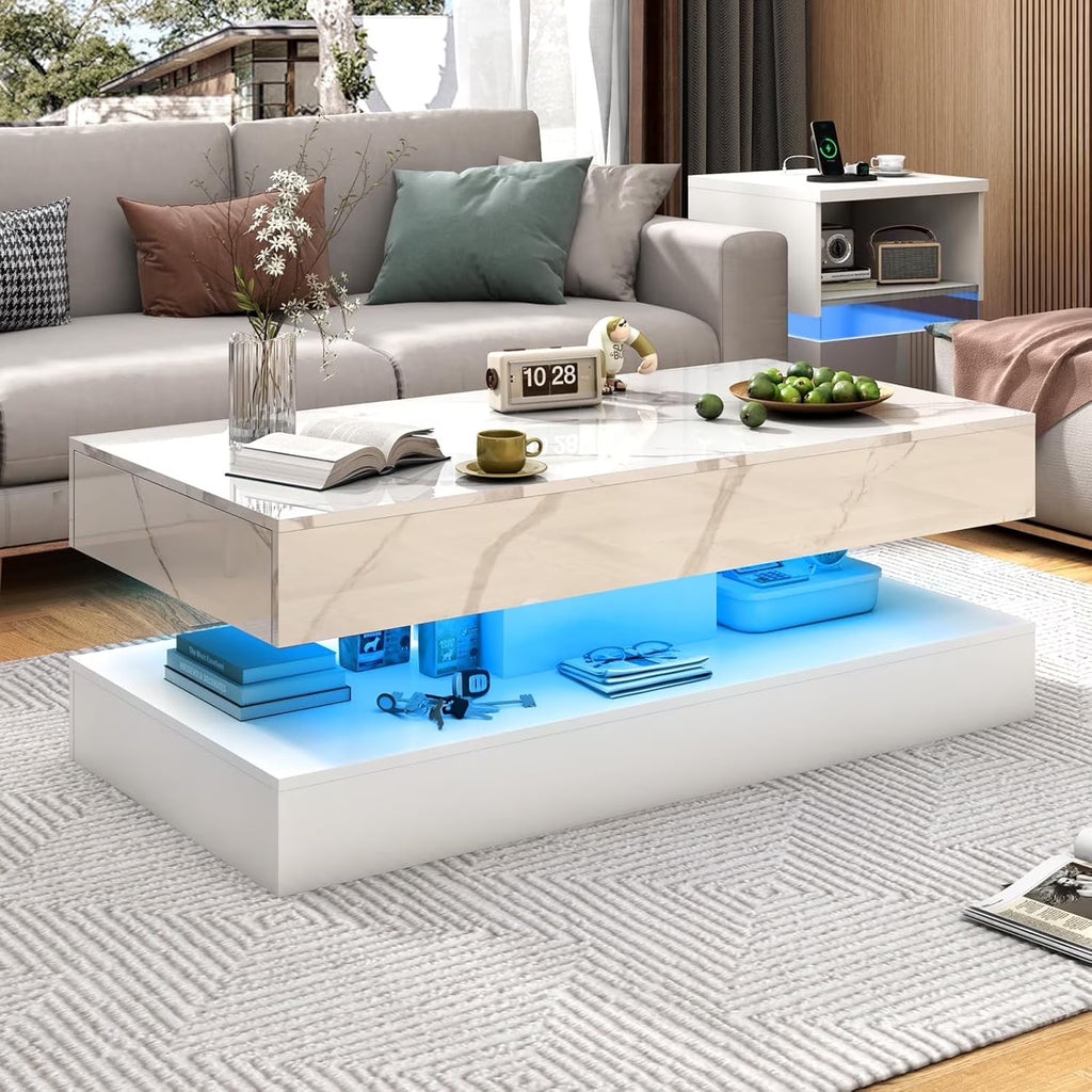 ChVans Large Black LED Coffee Table with 2 Storage Drawers, Modern High Gloss Coffee Table w/20 Colors LED Lights/APP Control, 2 Tiers Rectangle Large Living Room Furniture w/Marbling Print(47.3")