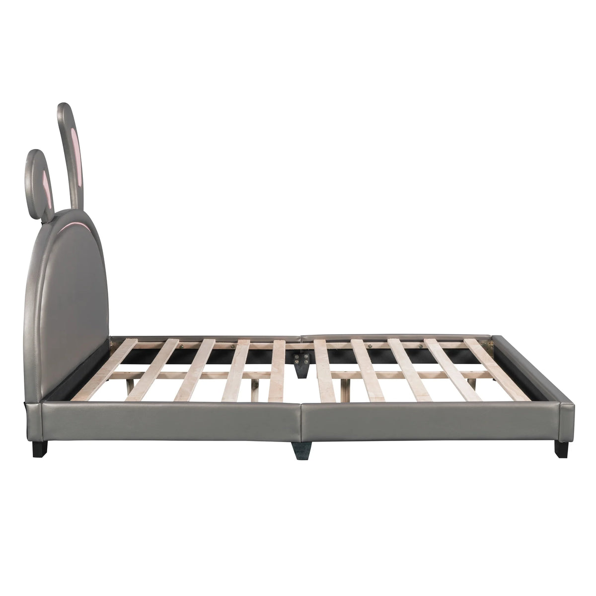 Euroco Upholstered Full Size Platform Bed, PU Cartoon Bunny Bed for Kids, Gray