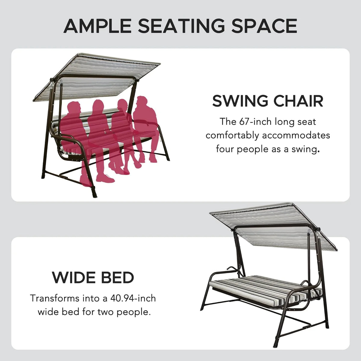 Made in Italy SUNJOY Outdoor Porch Swing, 2 Seat Patio Metal Swing with Adjustable Canopy
