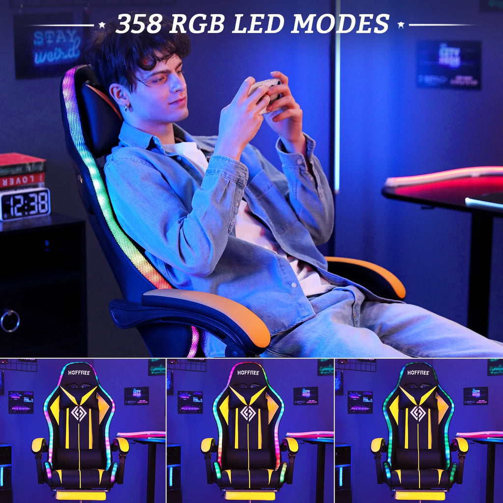 Hoffree Gaming Chair with Bluetooth Speakers and Footrest Massage Office Chair with LED Lights Ergonomic Game Chair High Back with Lumbar Support and Headrest Adjustable Swivel for Adults 300lb