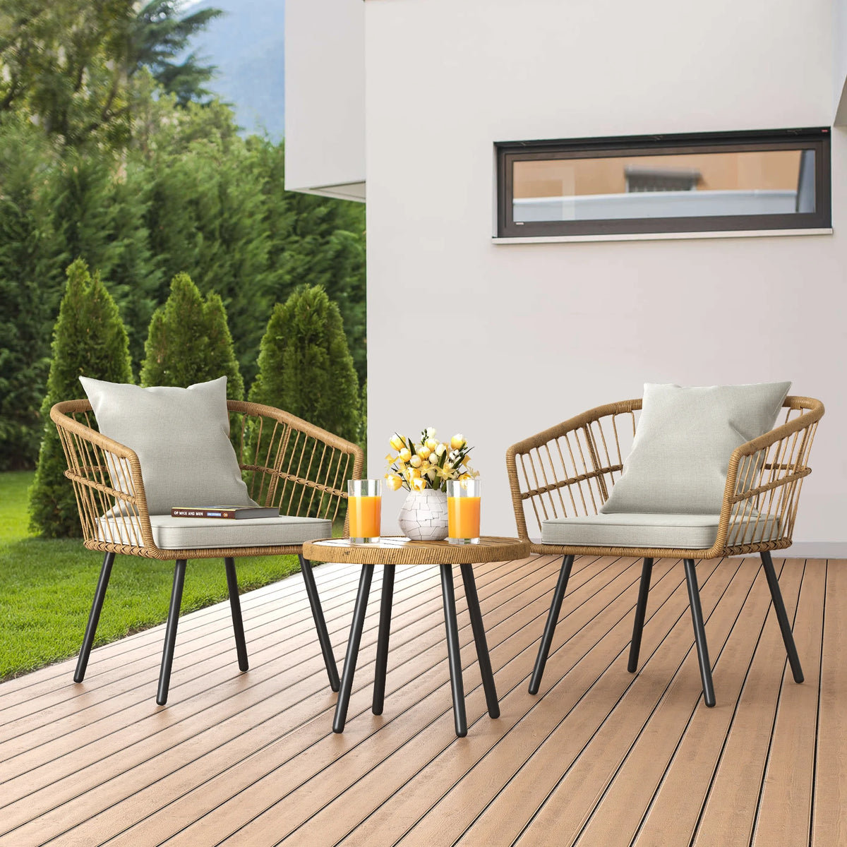 Dextrus 5 pieces Outdoor Dining Set, Patio Dining Sets with 4 Rattan Wicker Dining Chair and Round Table With Umbrella Hole, Sectional Conversation Set for Backyard, Balcony, Garden, Lawn