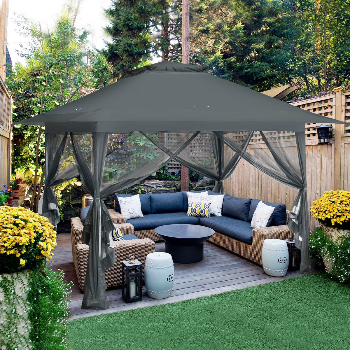 EAGLE PEAK 13' x 13' Pop-Up Gazebo Tent Instant w/Mosquito Netting，Outdoor Gazebo Canopy Easy Set-up Folding Shelter (Beige/Brown)