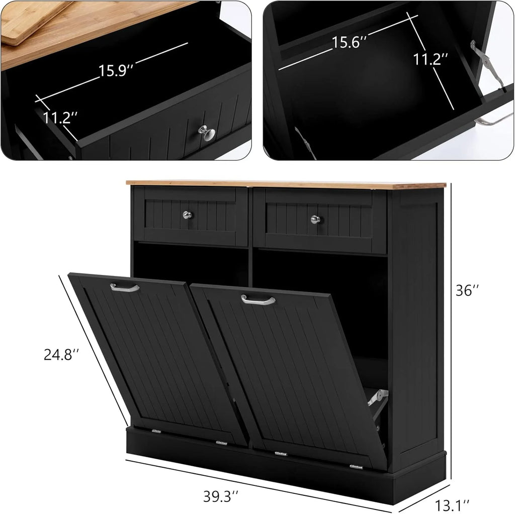 Hlivelood Double Trash Cabinet Tilt Out 20 Gallon, Pet Proof Kitchen Trash Cabinet Laundry Hamper with Cutting Board, Wood Garbage Recycling Station Hideaway Trash Holder Drawers