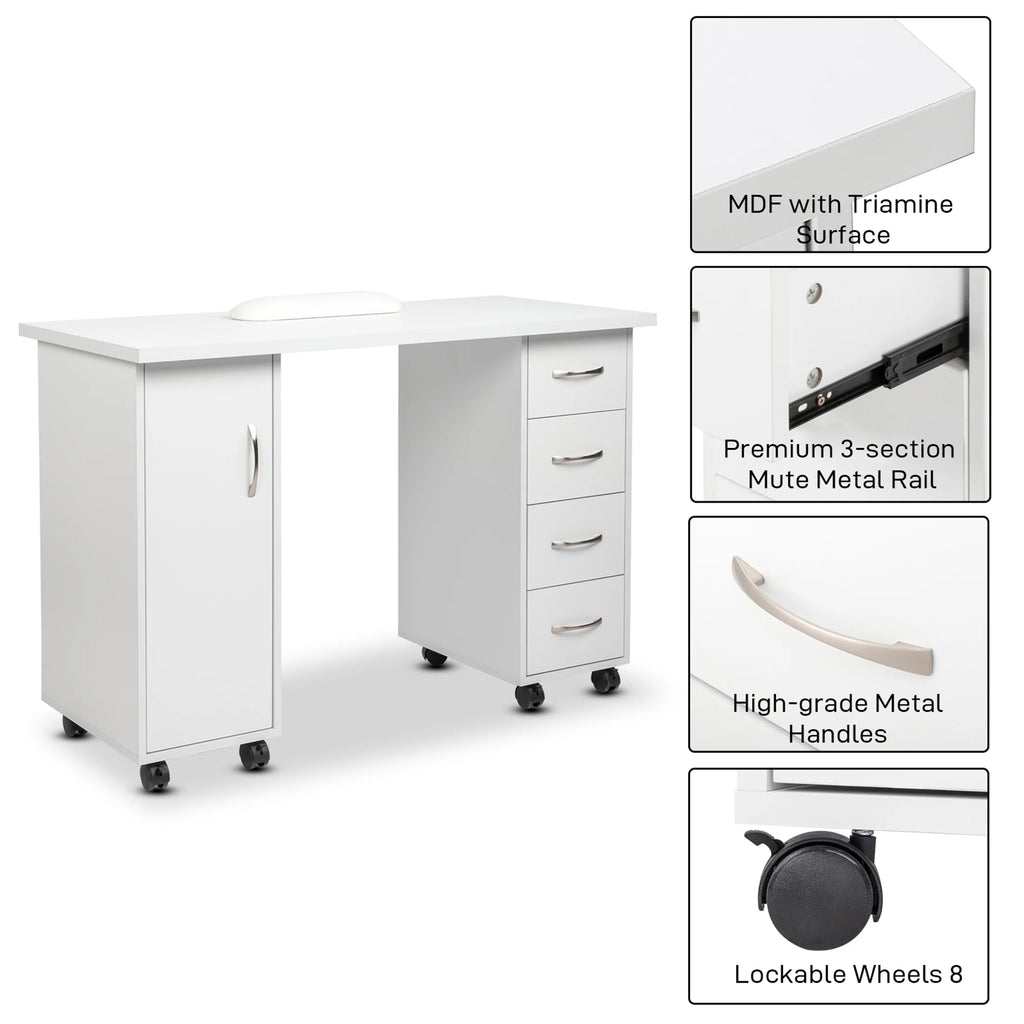 Sesslife White Computer Desk, Writing Desk with Lockable Wheels Modern Wood Study Desk with 4 Drawers for Home Office Workstation