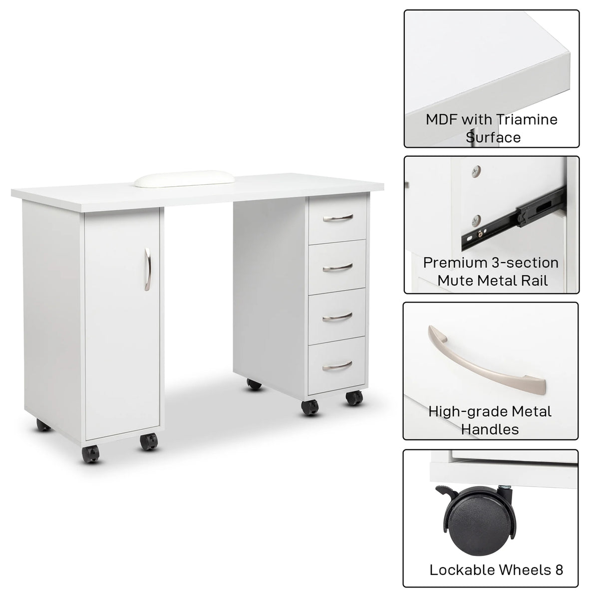 Sesslife White Computer Desk, Writing Desk with Lockable Wheels Modern Wood Study Desk with 4 Drawers for Home Office Workstation